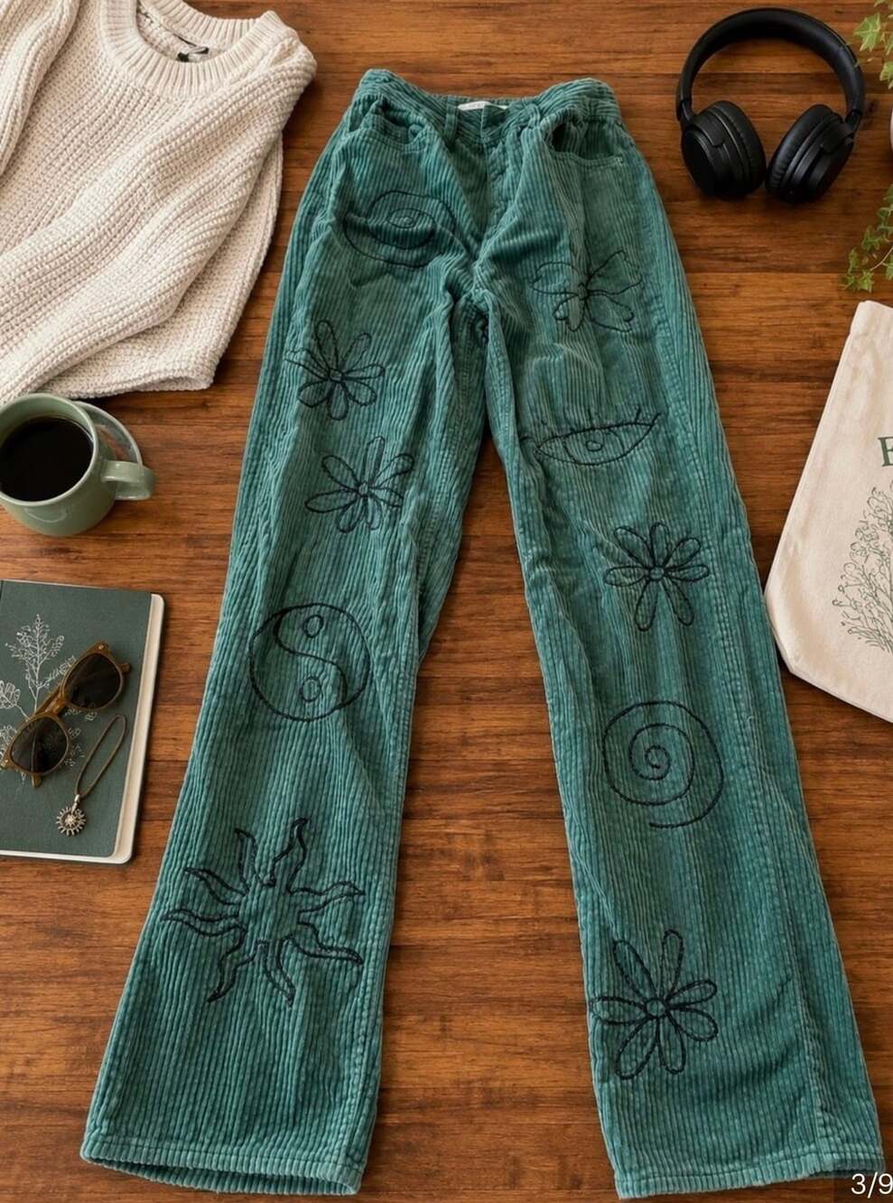 PacSun 90's Boyfriend Green Corduroy Embroidered Pants Size 25 (k